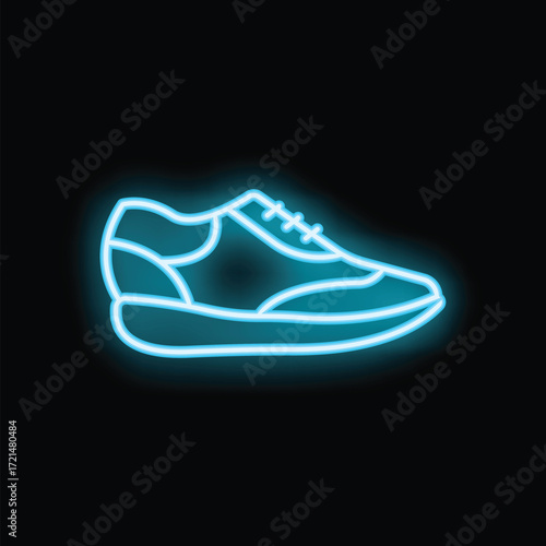 Bright blue neon sign in the shape of a sneaker is glowing on a black background