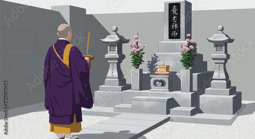 A tranquil 2D vector illustration of a solemn Japanese cemetery, featuring a Buddhist monk in indigo robes, a grand granite grave monument, and traditional toro lanterns under bright daylight.