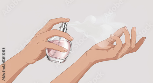 A Flat 2D vector illustration captures elegant self-care as hands delicately spray a refined perfume mist from a sleek glass bottle against a tranquil pastel background.