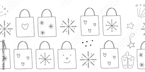 Christmas horizontal background , Christmas border with giftbox and snowflakes