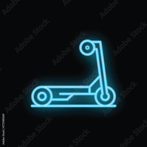 Blue neon sign icon of an electric scooter for personal transportation glowing on a black background