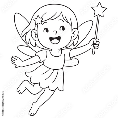 A black and white cartoon of a happy little fairy with wings flying and holding a star-tipped magic wand, perfect for a coloring page.