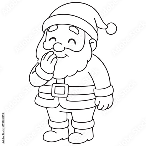 A black and white cartoon of a happy Santa Claus standing and giggling with his hand covering his mouth, perfect for a coloring page.