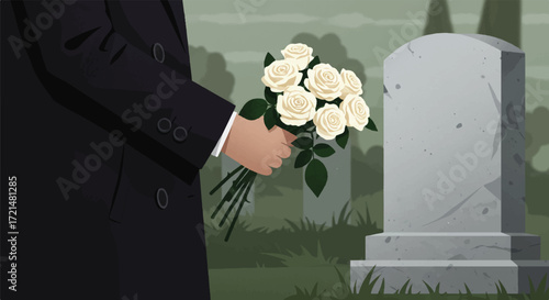 A solemn 2D flat vector illustration shows a person in a dark overcoat holding creamy white roses at a granite tombstone, conveying deep contemplation in a minimalist cemetery setting.