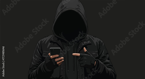 A compelling flat 2D vector illustration features an anonymous figure in a dark hoodie and black gloves, holding a minimalist smartphone and pointing, evoking digital mystery.