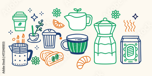 Vector illustration of breakfast item on table. various food item shows.