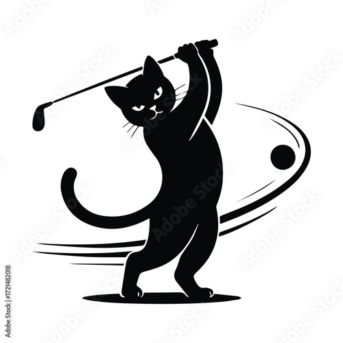 Black cat playing golf in a dynamic silhouette pose silhouette
