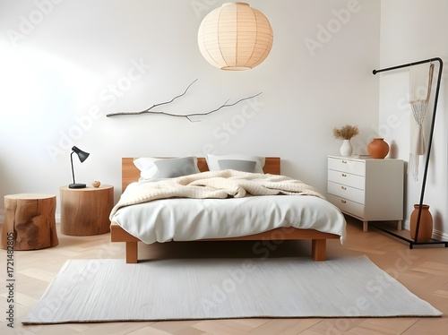 Minimalist Interior Scene with Wooden Bed, Nightstands and Decoration Items