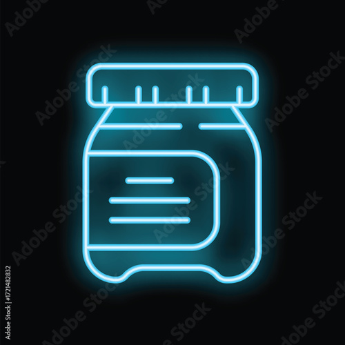 Blue neon sign of a closed jar with a blank label glowing on a black background