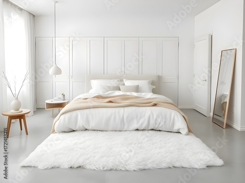 Minimalist Interior Bedroom with Bed, Rug, and Natural Light Setting