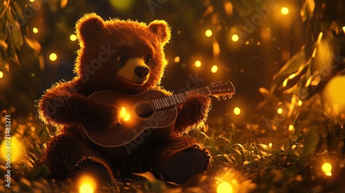 Teddy bear playing guitar in magical forest