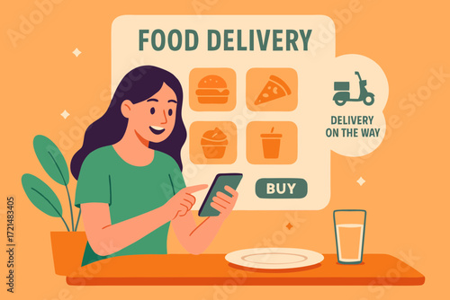 Woman using food delivery app to order online meal.