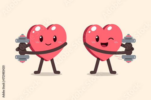 Cute cartoon heart characters lifting dumbbells and working out