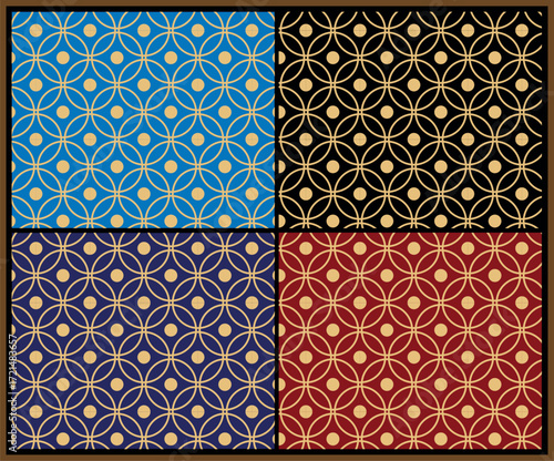 Four colorful geometric patterns with circles and interlocking rings