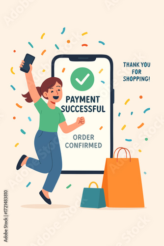 Flat illustration of a woman celebrating successful online payment confirmation with shopping bags and confetti.