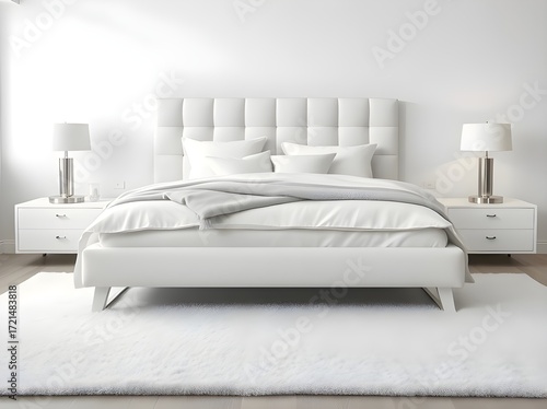 Minimalist Bright White Bedroom Interior with Modern Furniture and Fluffy Rug