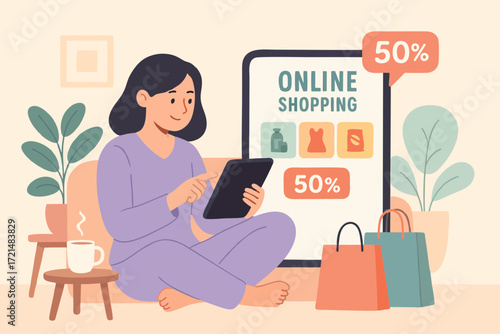 Flat illustration of a woman using tablet for online shopping with 50 percent discount offer on screen.