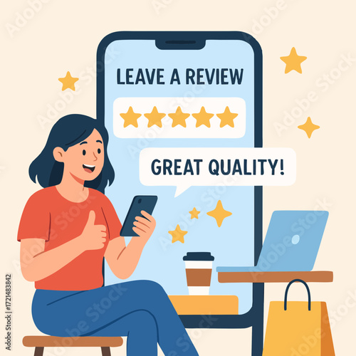 Flat illustration of a customer leaving product review online using smartphone, showing five star rating and feedback.