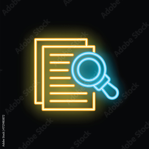 Neon icon of a magnifying glass hovering over documents, symbolizing the concept of due diligence