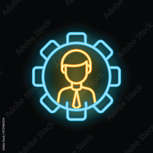 Neon sign showing the silhouette of a businessman inside a gear, representing concepts like human resources, recruitment and headhunting