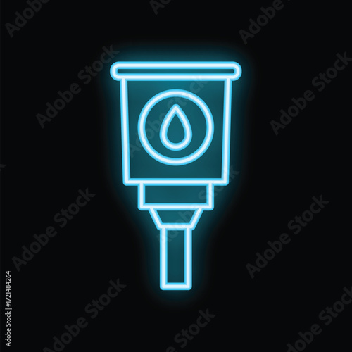 Blue neon sign of a container dispensing a drop of liquid on black background