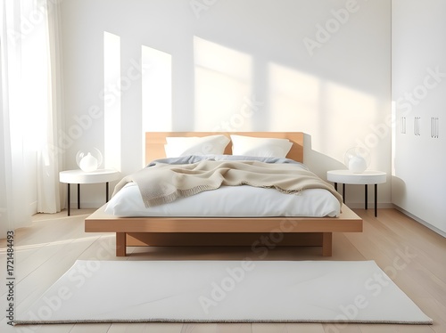 Minimalist Interior Bedroom with Bed and Carpet in Bright Style