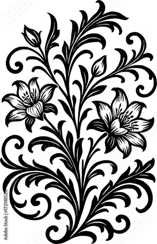 Elegant black and white floral ornament vector design with intricate baroque style swirls, decorative botanical pattern, tattoo art motif, vintage decorative flourish for design and illustration
