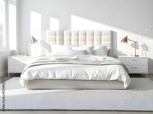Minimalist White Bedroom Interior Design with Bedside Table Lamps and Rug