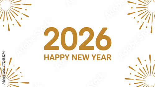 Golden '2026 Happy New Year' text with festive fireworks on a white background, celebrating the future.