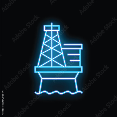Blue neon sign showing an oil rig working on water, isolated on a black background