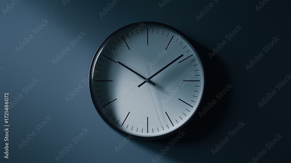 custom made wallpaper toronto digital壁に掛けられたミニマルなデザインの時計。光が差し込み影を落としている。 | Minimalist wall clock with light and shadow on a dark background.