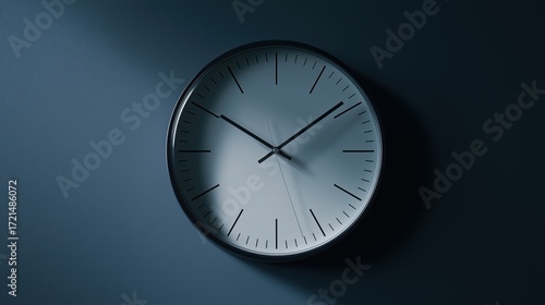 Wallpaper Mural 壁に掛けられたミニマルなデザインの時計。光が差し込み影を落としている。 | Minimalist wall clock with light and shadow on a dark background. Torontodigital.ca
