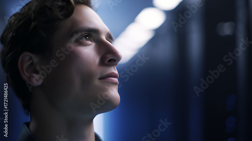 technician. Technician working in a data center with blue ambient light, portraying focus and technology. product launch decks.
