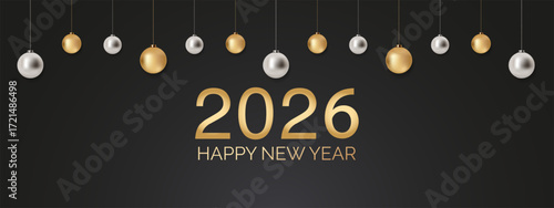 Festive 2026 New Year greeting design featuring golden numbers and "Happy New Year" text. Hanging gold and silver baubles decorate the dark elegant background