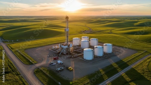 Aerial View of Oil Well and Storage Tanks on Rolling Green Hills at Sunset