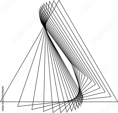 Abstract black and white illustration featuring layered triangular outlines arranged in a twisting motion. Minimal geometric design with modern optical effect