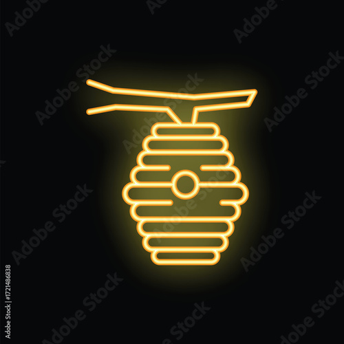 Bright yellow neon beehive hanging on a branch icon, glowing on a black background