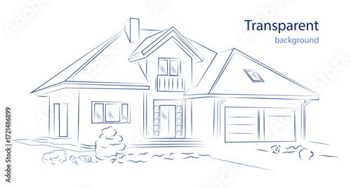 Linear architectural blue sketch detached house. Vector illustration o transparent background.
