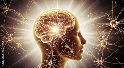 Stunning neural network illustration showing brain activity and human intelligence, perfect for science, technology, and medical research presentations