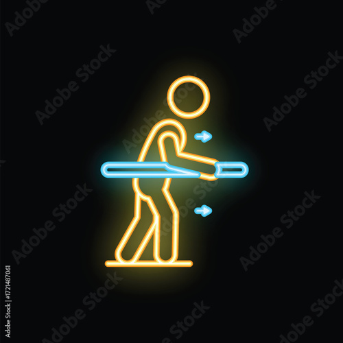 Neon sign icon of patient walking using parallel bars during rehabilitation in hospital