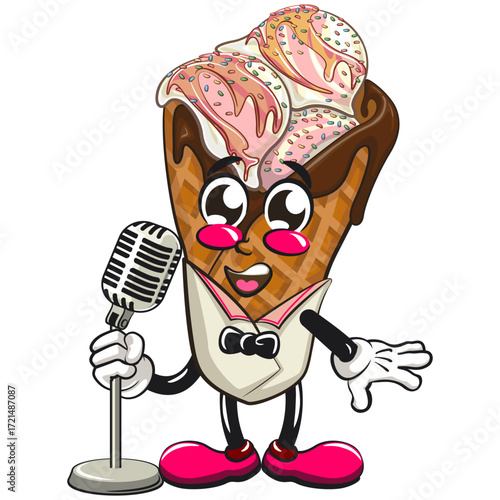 waffle ice cream with chocolate and sprinkles mascot with vintage mic singing or become a stand up comedian, work of hand drawn