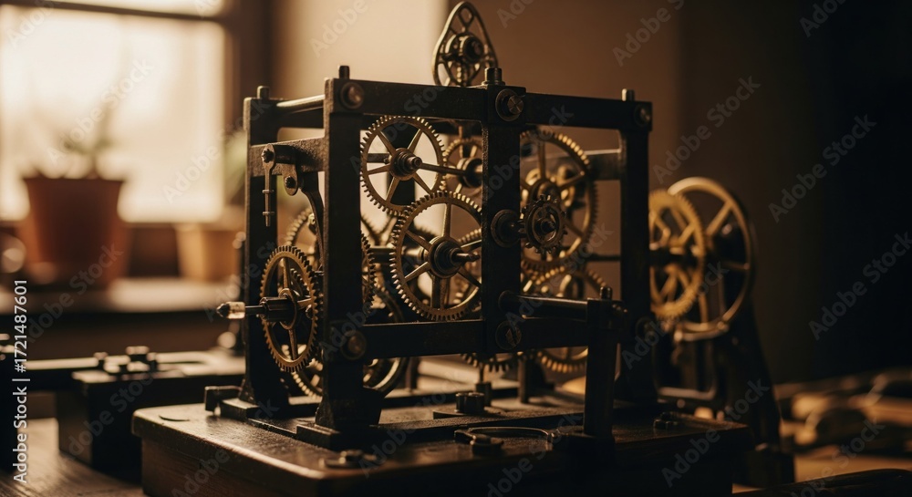 Fototapeta premium Close-up of intricate antique clock mechanism. Dark, detailed view of gears and levers within a metal frame. Wooden base. Soft light