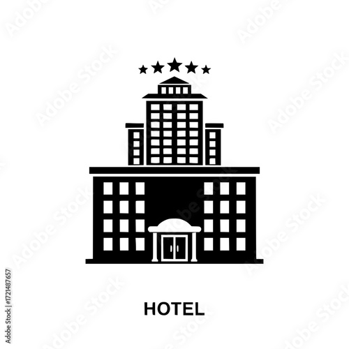 Modern hotel building icon with five stars representing luxury accommodation and hospitality services