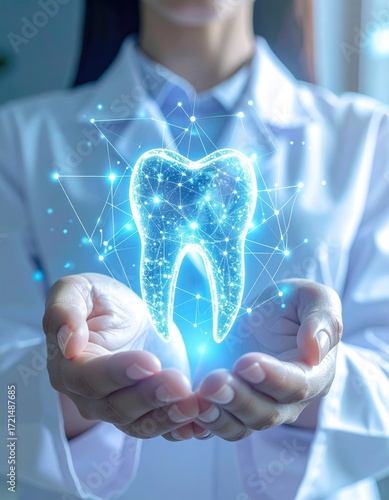 Dental Technology and Healthcare Professional Holding a 3D Tooth Model.