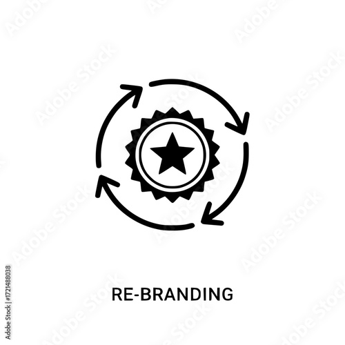 Circular arrows around star badge symbolizing rebranding strategy and brand evolution concept