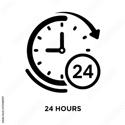 Simple 24 hours clock icon symbol with arrow showing continuous time service