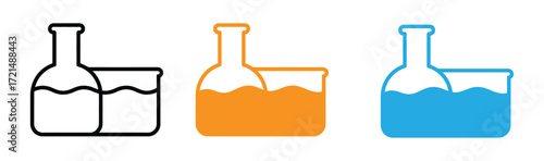 Illustration of laboratory glassware, featuring a flask and a beaker filled with liquid, commonly used in scientific experiments and research, showcasing essential equipment for chemistry and biology