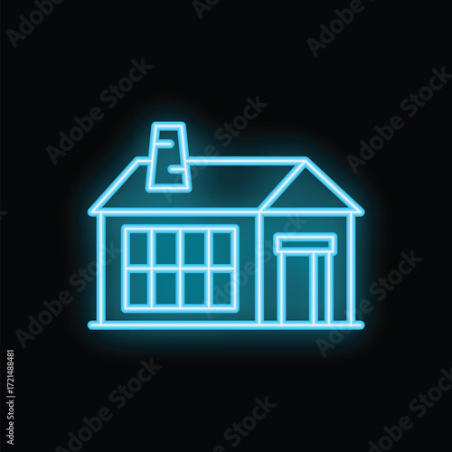 Glowing neon sign representing a private house with a chimney on a black background