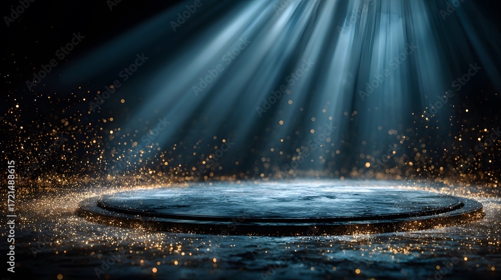 Fototapeta premium Elegant circular stage, empty and ready for an awards ceremony, illuminated by dramatic blue spotlights with glittering golden particles.