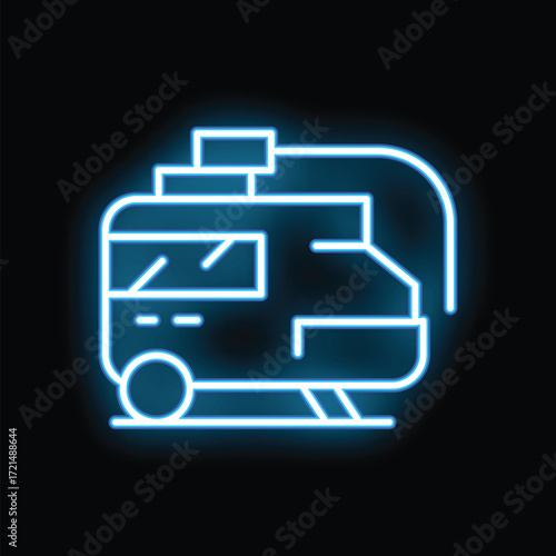 Bright blue neon icon of a tram running on rails with pantograph up on a black background